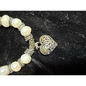 White Freshwater Pearl Heart Charm Stretch Bracelet with Silver-Tone Accents